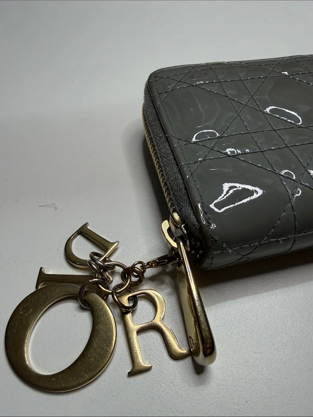Dior Gray Quilted Patent Zip Card Holder with Gold Charms